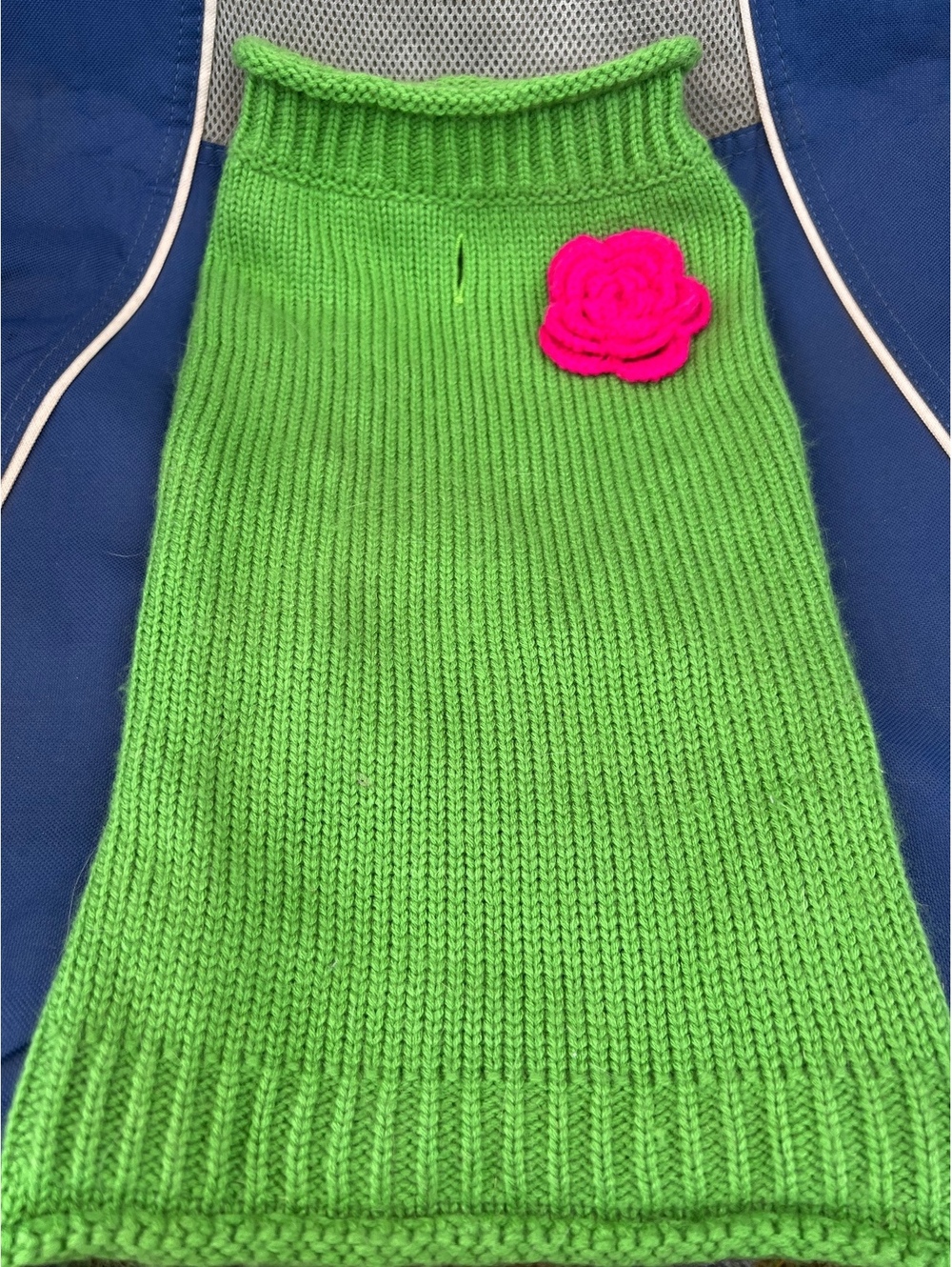 Fabdog green knit dog sweater with pink flower